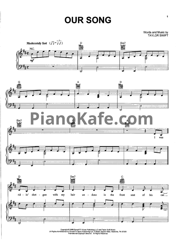 Ноты Taylor Swift - Our song - PianoKafe.com