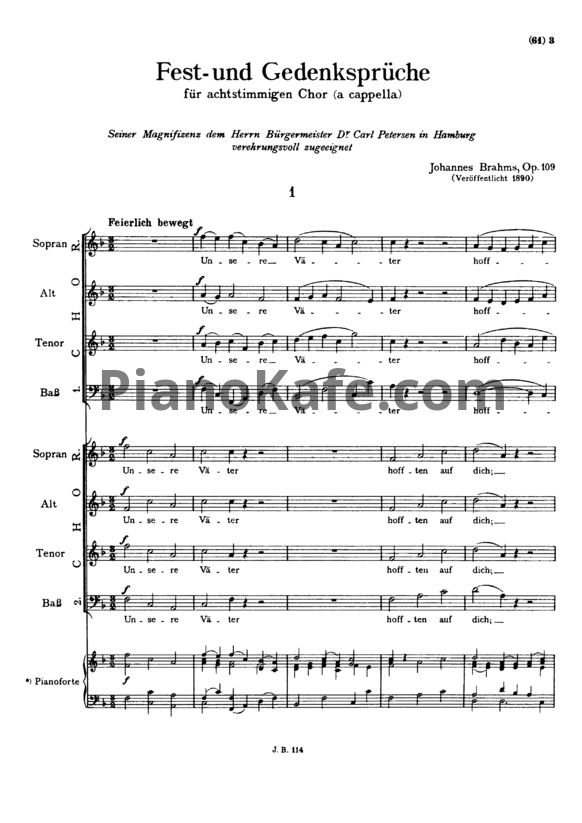 Ноты И. Брамс - `Торжественные и памятные притчи` для восьмиголосного хора a cappella (Op.109) - PianoKafe.com