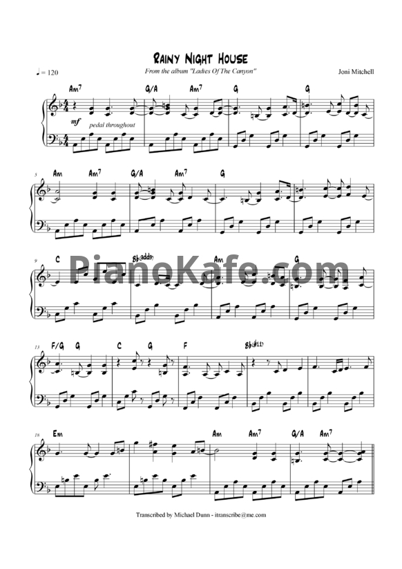Ноты Joni Mitchell - Rainy night house - PianoKafe.com
