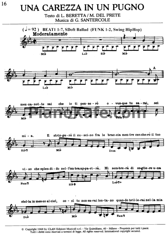 Ноты Adriano Celentano - Una carezza in un pugno - PianoKafe.com