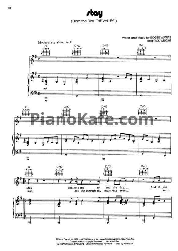 Ноты Pink Floyd - Stay - PianoKafe.com