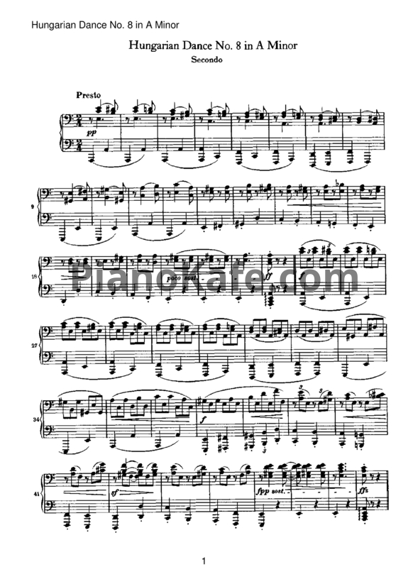 Ноты Иоганнес Брамс - Венгерский танец №8 ля-минор (для фортепиано в 4 руки) - PianoKafe.com