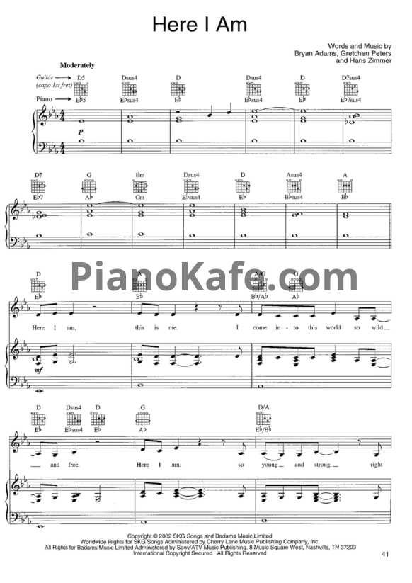 Ноты Bryan Adams - Here I am - PianoKafe.com