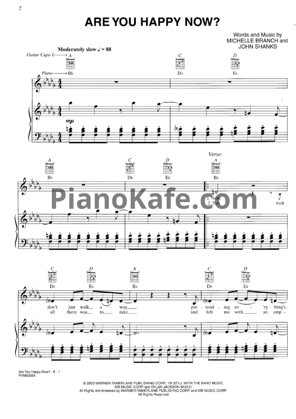 Ноты Michelle Branch - Are you happy now - PianoKafe.com