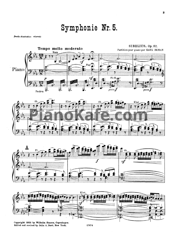 Ноты Ян Сибелиус - Симфония №5 ми-бемоль мажор (Op. 82, клавир) - PianoKafe.com