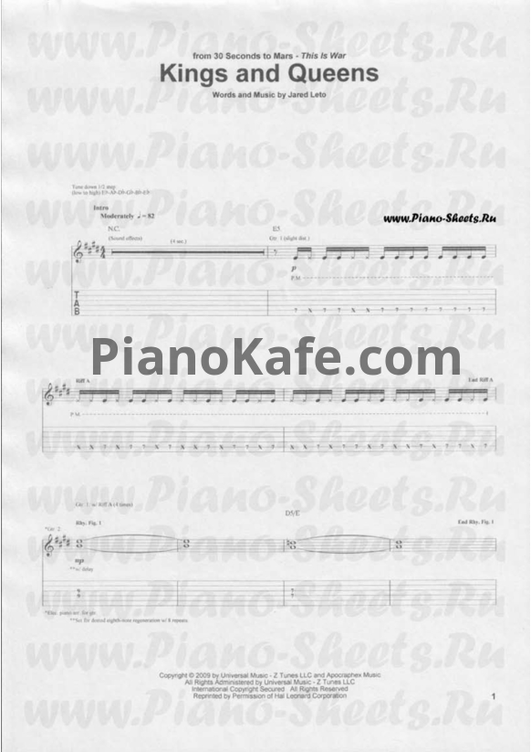 Ноты 30 Seconds To Mars - Kings and queens - PianoKafe.com
