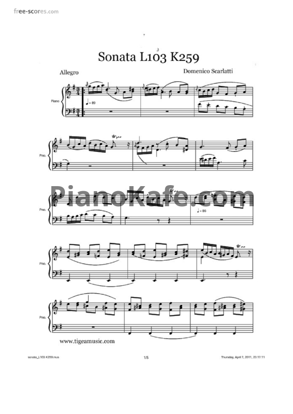 Ноты Д. Скарлатти - Соната K259/L103 - PianoKafe.com