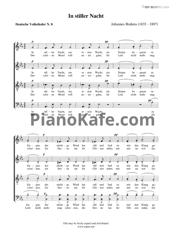 Ноты И. Брамс - `В ночной тиши` (`In Stiller Nacht`) - из немецкой народной поэзии - PianoKafe.com