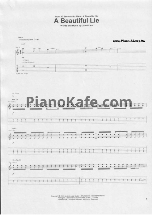 Ноты 30 Seconds To Mars - A beautiful lie - PianoKafe.com