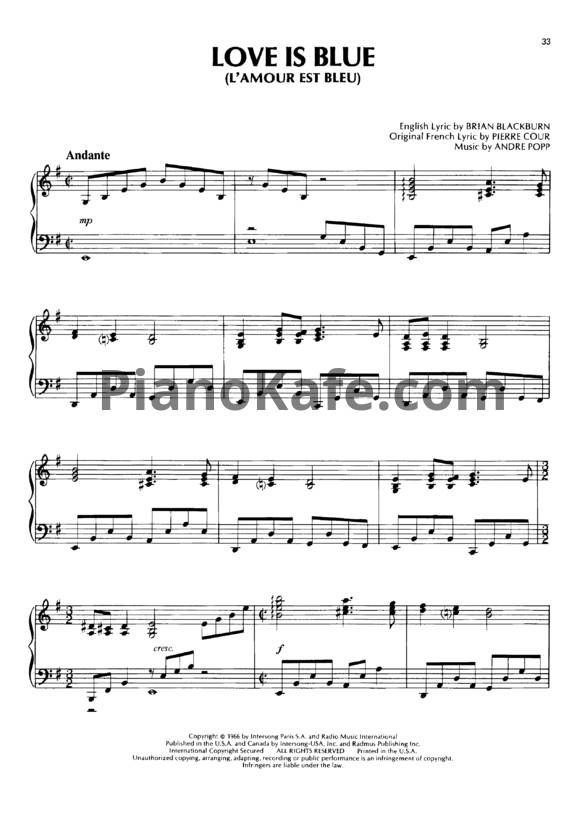 Ноты Richard Clayderman - Love is blue - PianoKafe.com