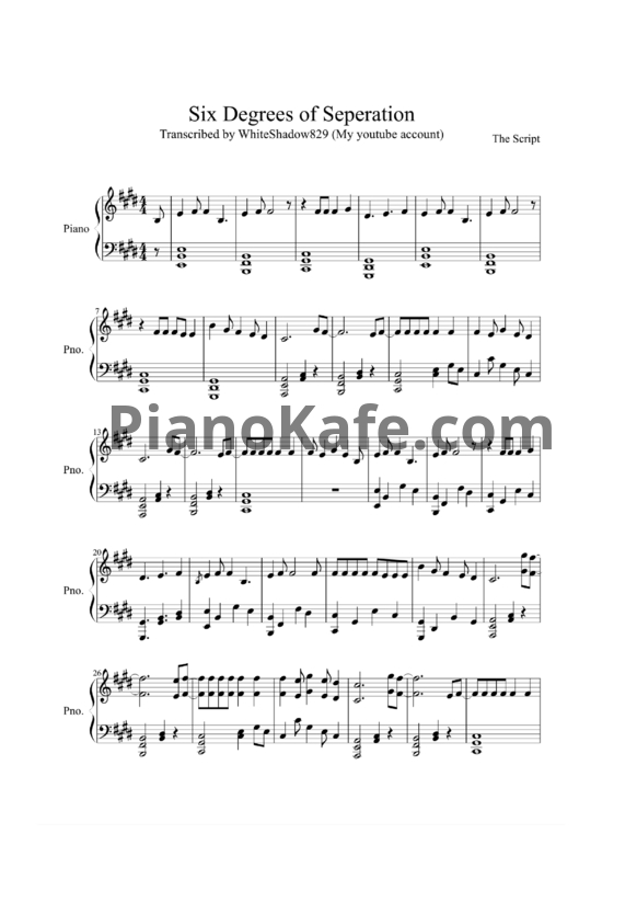 Ноты The Script - Six degrees of separation - PianoKafe.com