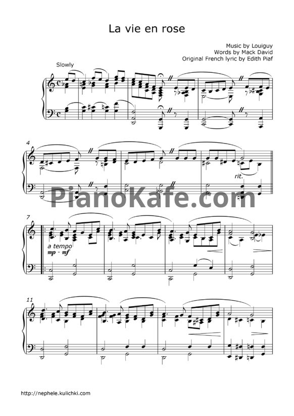 Ноты Edith Piaf - La vie en rose - PianoKafe.com