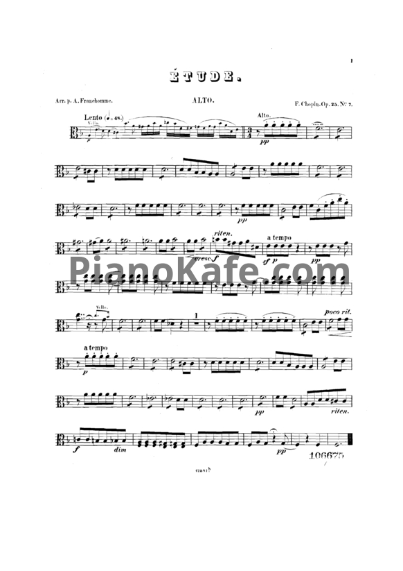 Ноты Фредерик Шопен - Этюд (Op. 25 №7) для альта - PianoKafe.com
