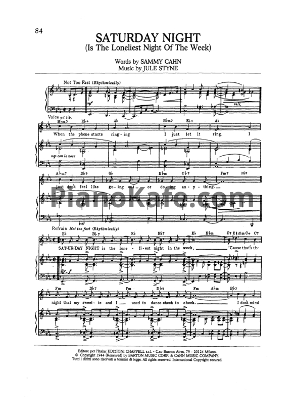 Ноты Frank Sinatra - Saturday night (Is the loneliest night of the week) - PianoKafe.com