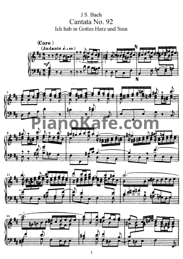 Ноты И. Бах - Кантата №92 "Ich hab in gottes herz und sinn" (BWV 92) - PianoKafe.com