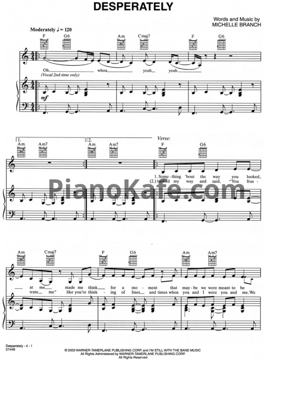 Ноты Michelle Branch feat. Jessica Harp - Desperately - PianoKafe.com