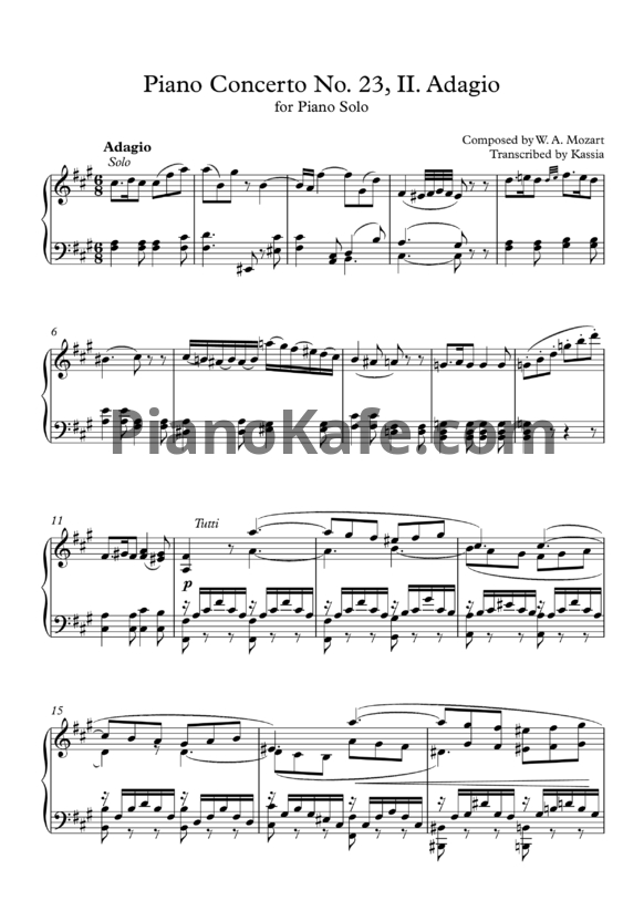 Ноты В. Моцарт - Piano Concerto No. 23, II. Adagio - PianoKafe.com