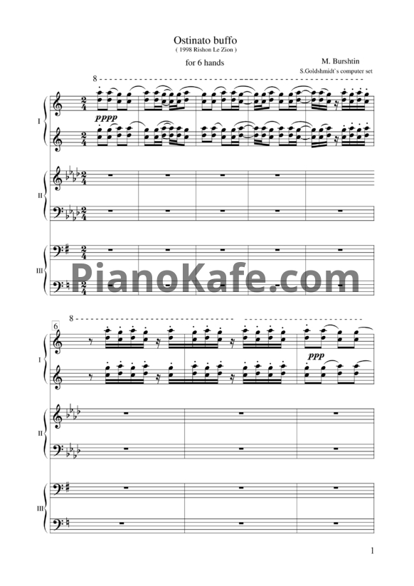 Ноты М. Бурштин - Ostinato Buffo (для фортепиано в 6 рук) - PianoKafe.com