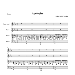 Ноты One Republic feat. Timbaland - Apologize (для фортепиано в 4 руки)