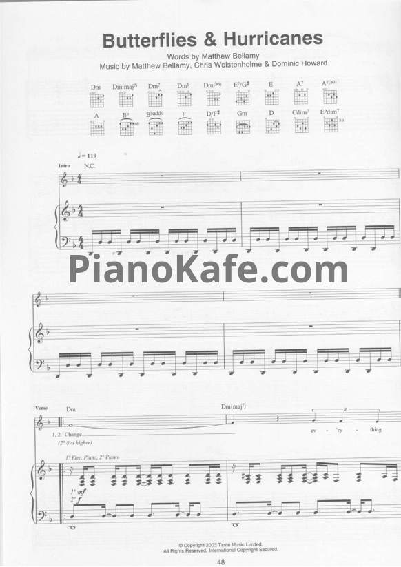 Ноты Muse - Butterflies and hurricanes - PianoKafe.com