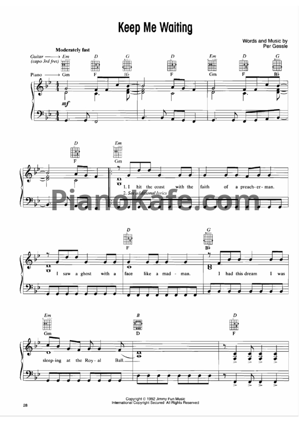 Ноты Roxette - Keep me waiting - PianoKafe.com