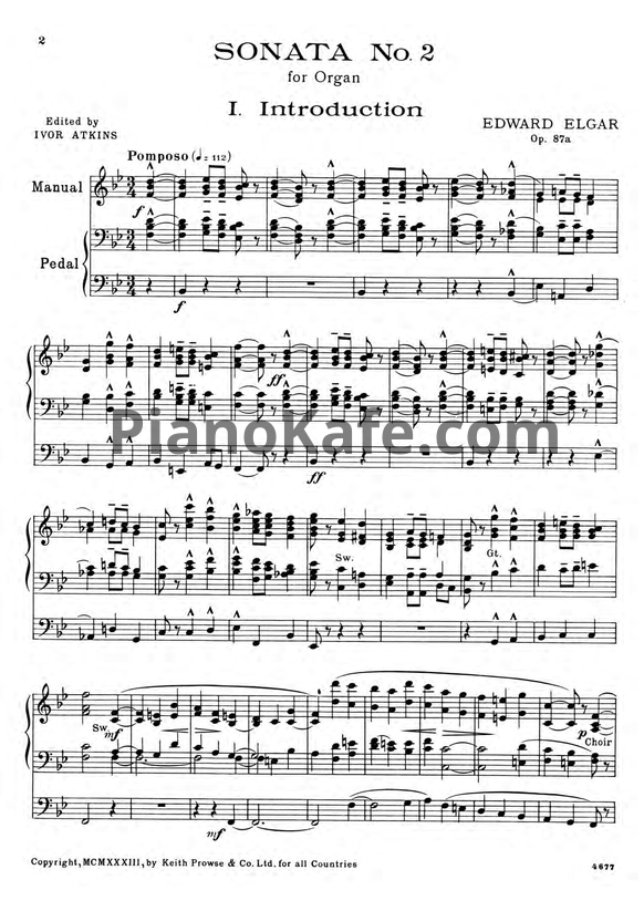 Ноты Эдуард Элгар - Соната для органа №2 си-бемоль мажор (Op. 87A) - PianoKafe.com