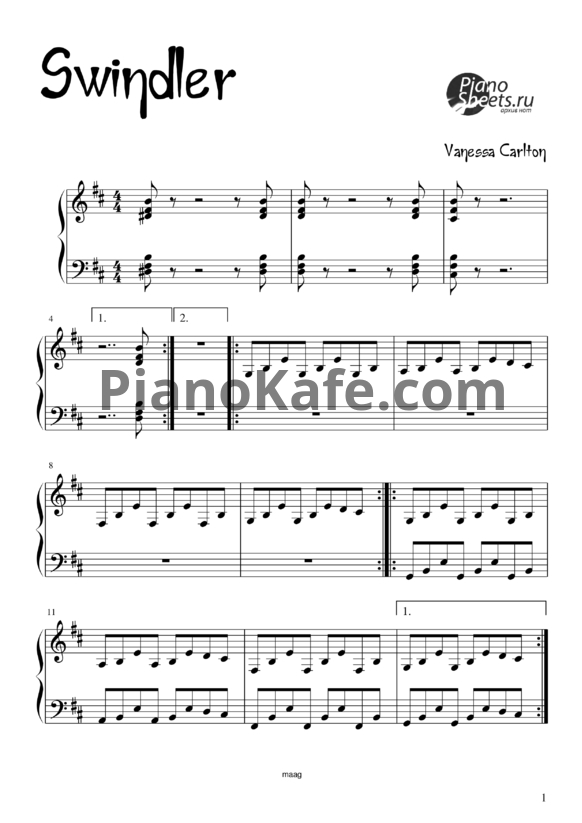 Ноты Vanessa Carlton - Swindler - PianoKafe.com