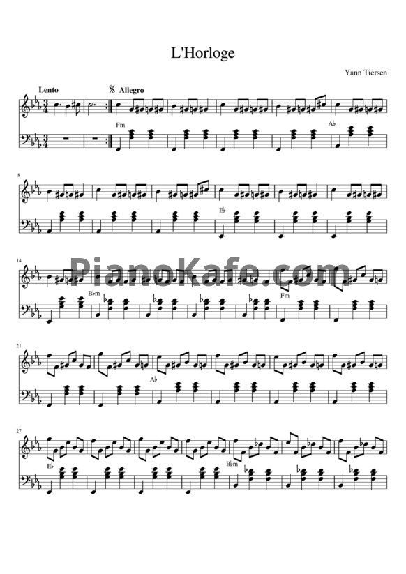 Ноты Yann Tiersen - L'Horloge - PianoKafe.com