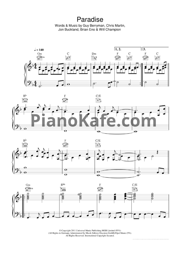 Ноты Coldplay - Paradise (Версия 2) - PianoKafe.com