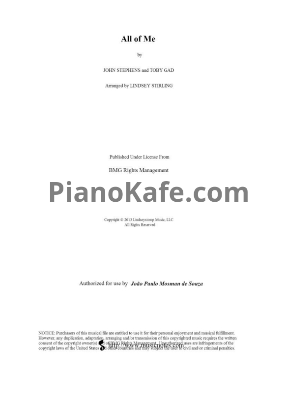 Ноты Lindsey Stirling - All of me - PianoKafe.com
