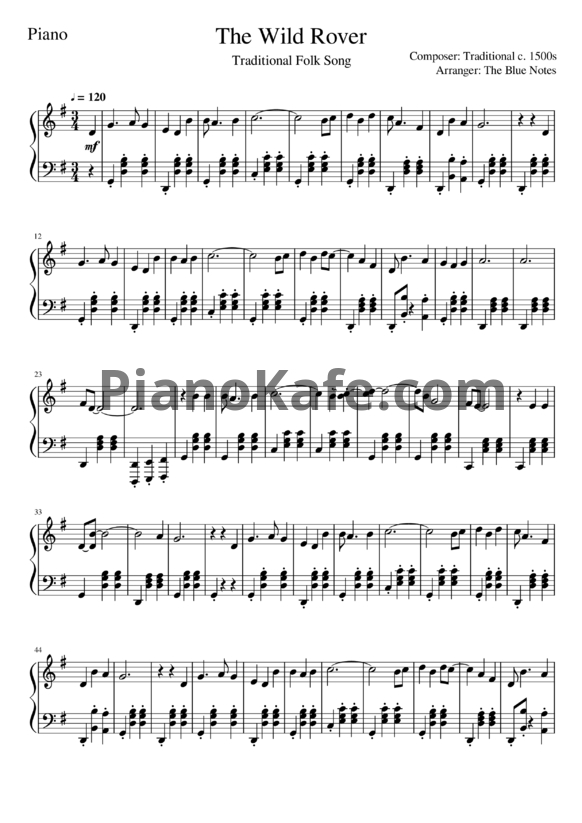 Ноты The wild rover (St. Patrick's day) - PianoKafe.com