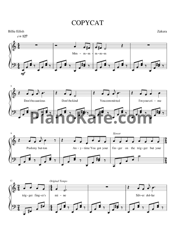 Ноты Billie Eilish - COPYCAT (Acoustic) - PianoKafe.com