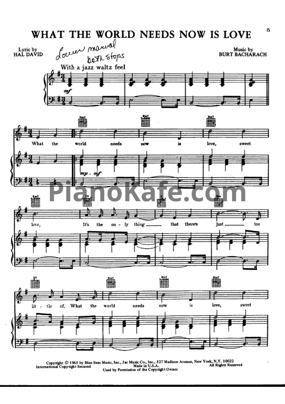 Ноты Burt Bacharach - What the world needs now is love - PianoKafe.com