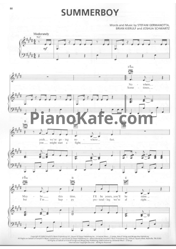 Ноты Lady Gaga - Summerboy - PianoKafe.com