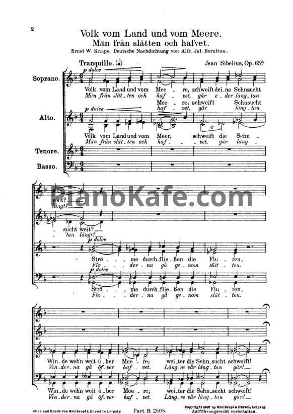Ноты Ян Сибелиус - Песня "Люди из земли и моря" (Op. 65a) - PianoKafe.com