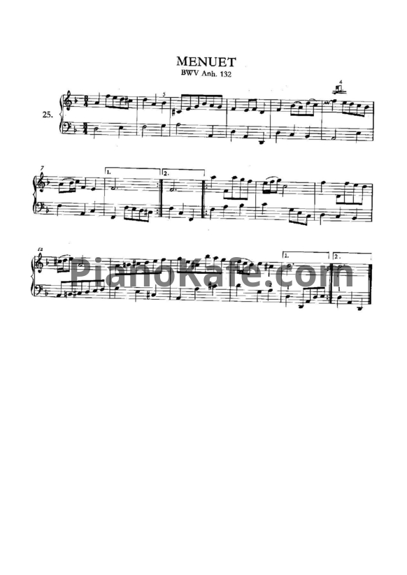 Ноты И. Бах - Менуэт ре минор (BWW Anh. 132) - PianoKafe.com