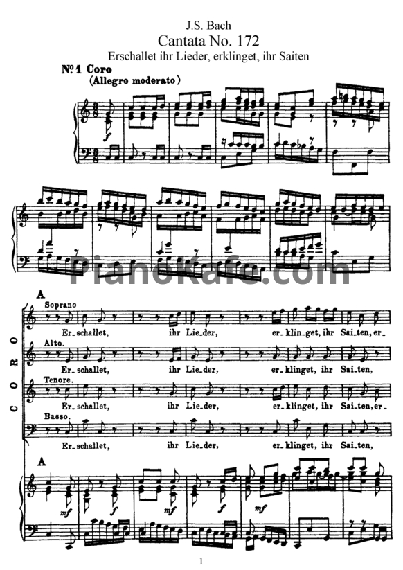 Ноты И. Бах - Кантата №172 "Erschallet ihr lieder, erklinget, ihr saiten" (BWV 172) - PianoKafe.com