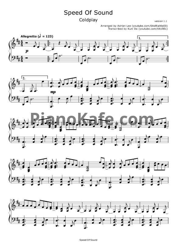 Ноты Coldplay - Speed of sound (Adrian Lee version) - PianoKafe.com