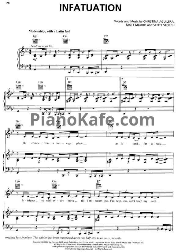 НОТЫ Christina Aguilera Infatuation ноты для фортепиано, гитары