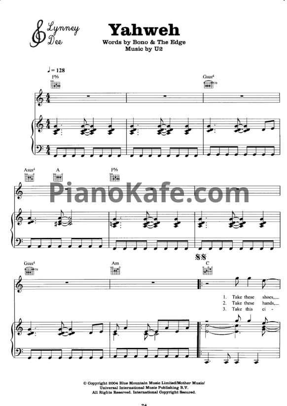 Ноты U2 - Yahweh - PianoKafe.com