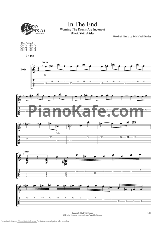 Ноты Black Veil Brides - In the end - PianoKafe.com
