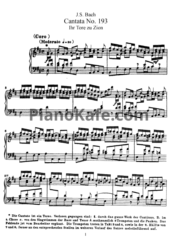Ноты И. Бах - Кантата №193 "Ihr tore zu zion" (BWV 193) - PianoKafe.com