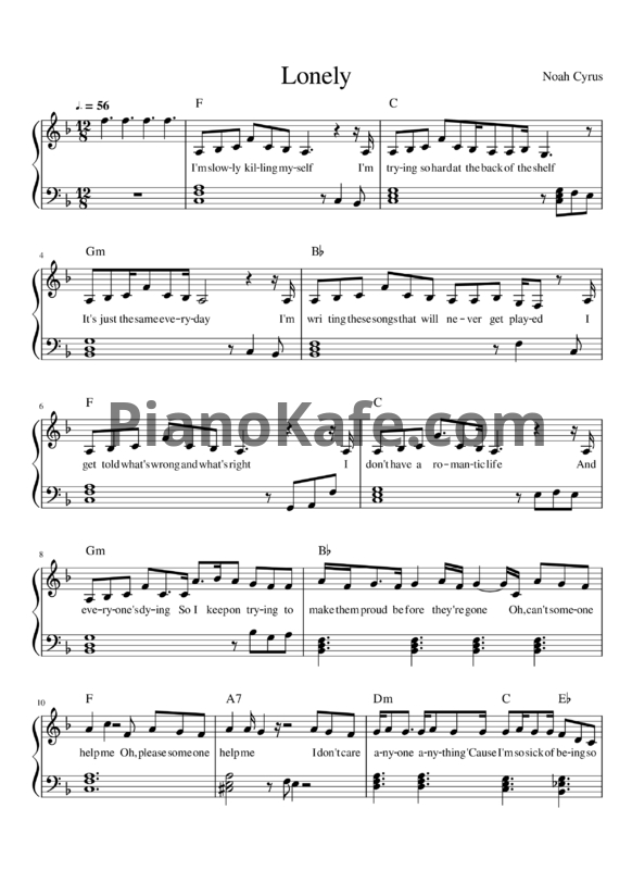 Ноты Noah Cyrus - Lonely - PianoKafe.com