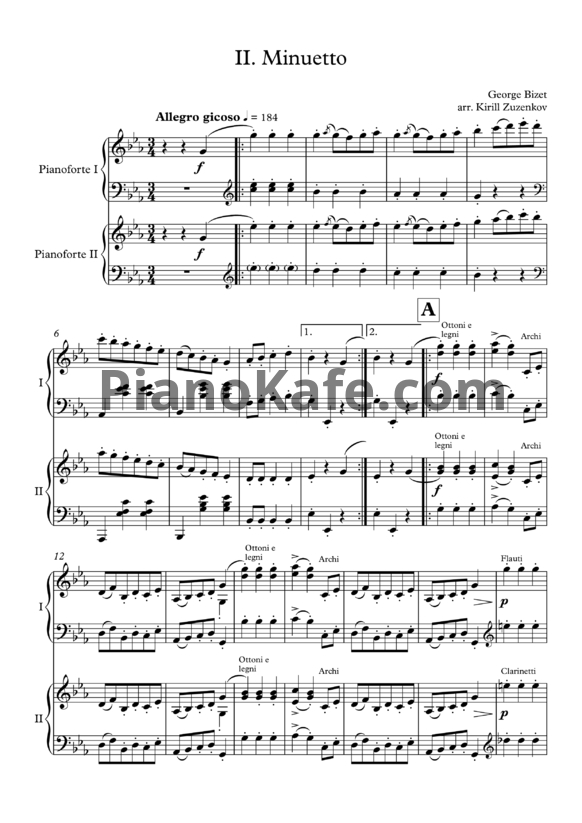 Ноты Жорж Бизе - Арлезианка. Сюита №1. Менует (Переложение для двух фортепиано) - PianoKafe.com