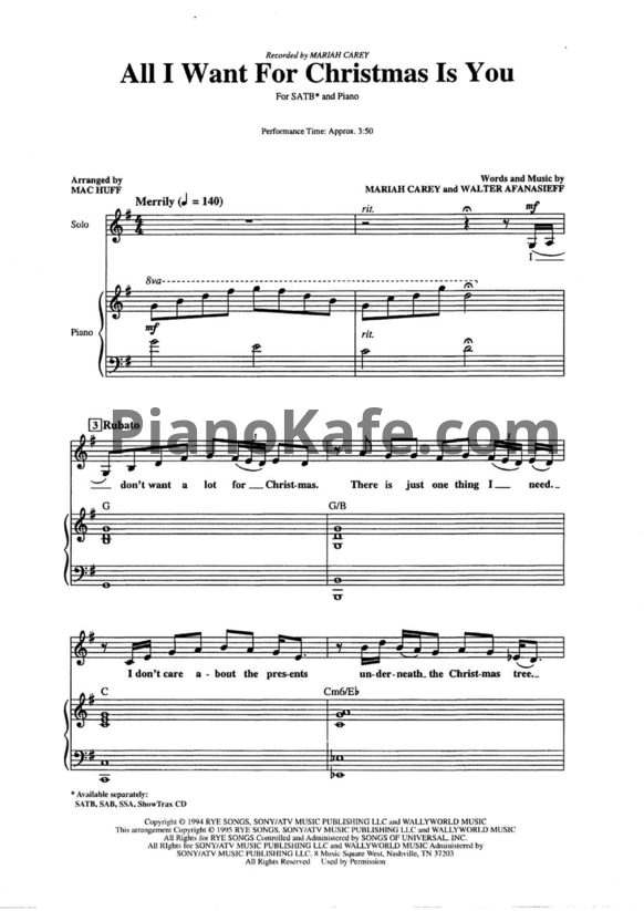 Ноты Mariah Carey - All I want for Christmas is you - PianoKafe.com