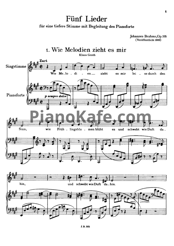 Ноты И. Брамс - Пять песен (op. 105) - PianoKafe.com