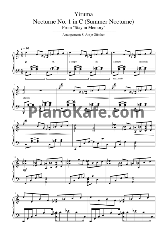 Ноты Yiruma - Nocturne No. 1 in C major, "Summer Nocturne" - PianoKafe.com