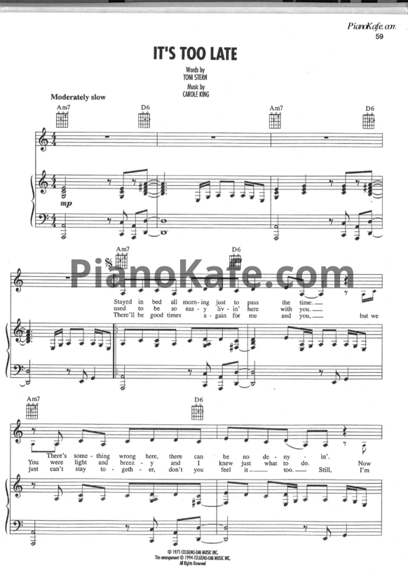 Ноты Carole King - It's too late - PianoKafe.com
