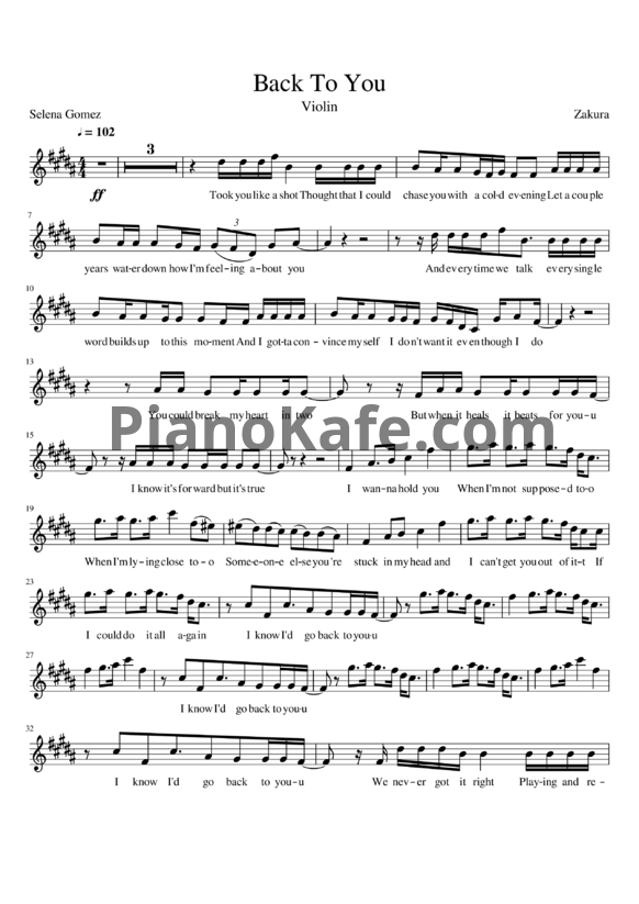 Ноты Selena Gomez - Back to you (скрипка) - PianoKafe.com