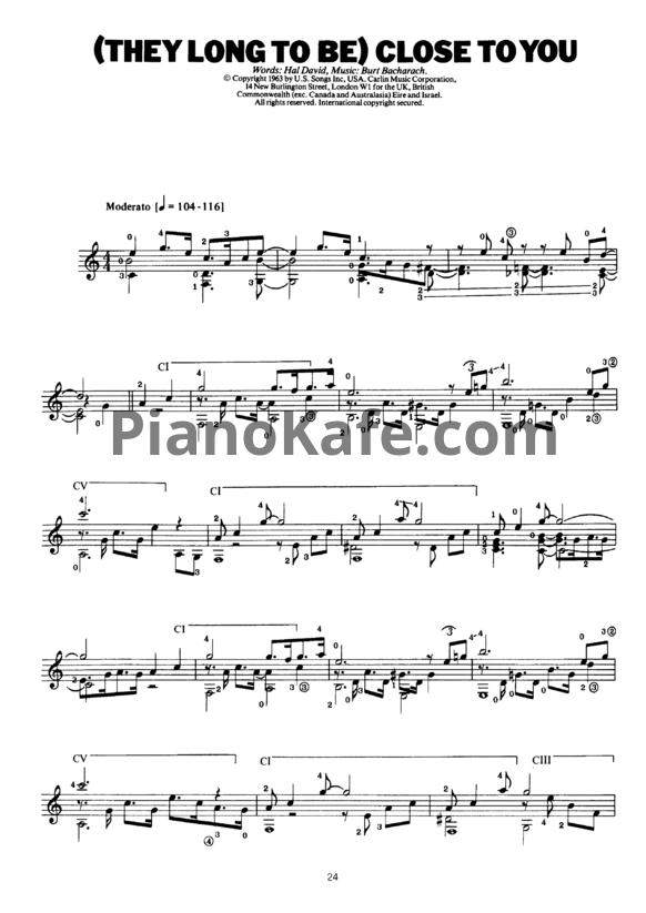 Ноты Burt Bacharach - (They long to be) Close to you (Arranged for classic guitar by John Duarte) - PianoKafe.com